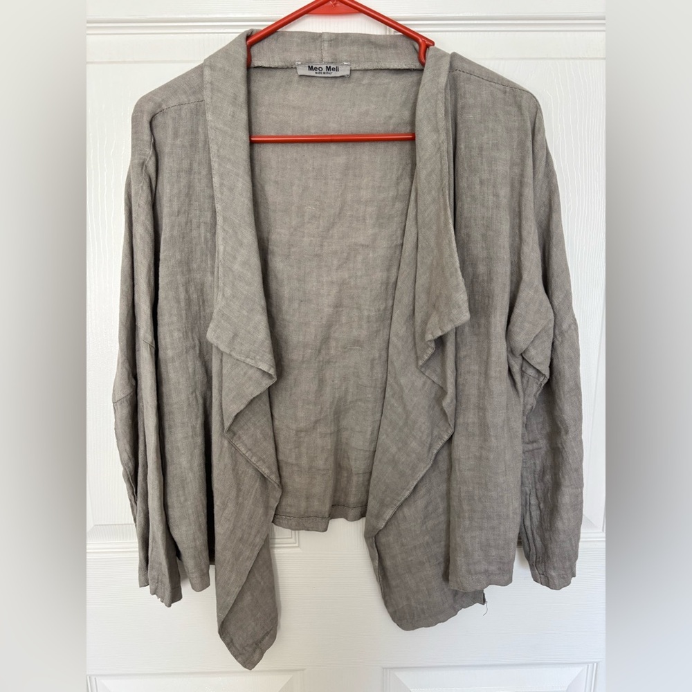 Meo Mali Light Olive Green/Gray Linen 3/4 Sleeve Open Cardigan - Picture 2 of 7